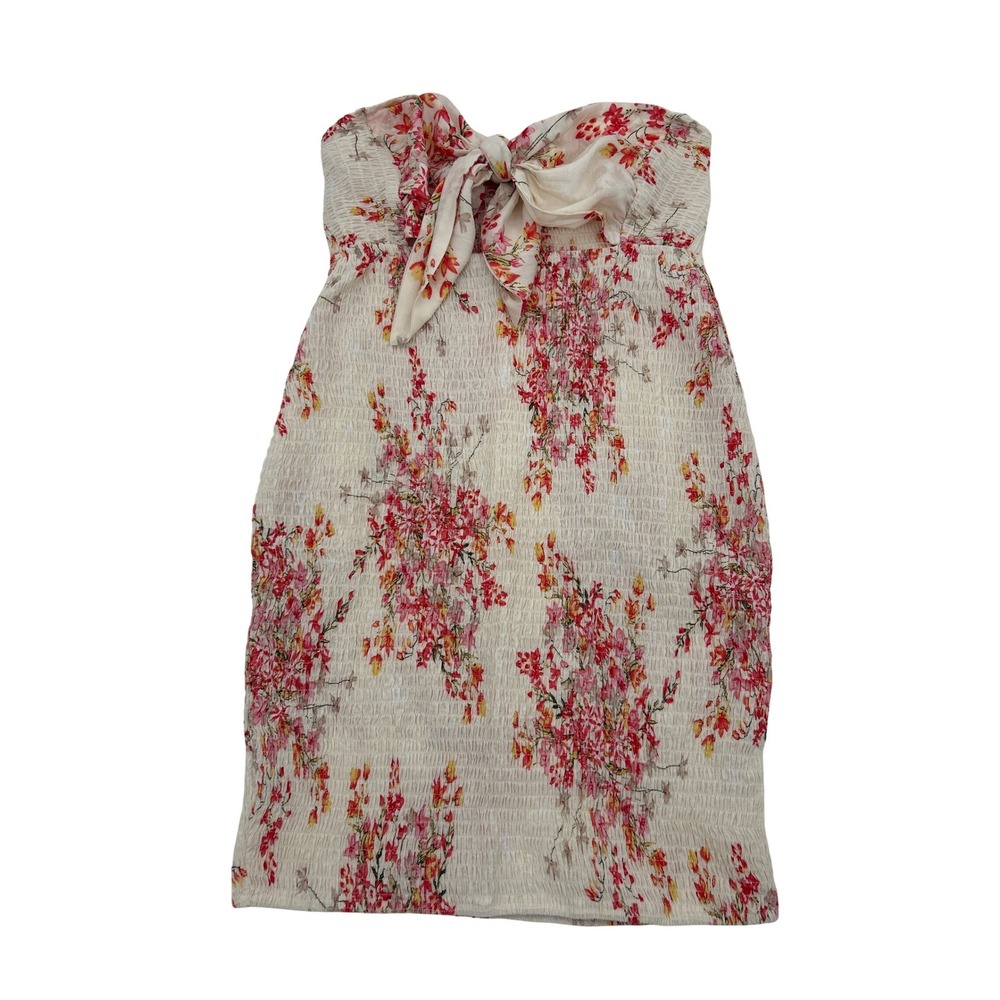 O.VIANCA Strapless Smocked Floral‎ Mini Dress Pink Yellow Cream Size M